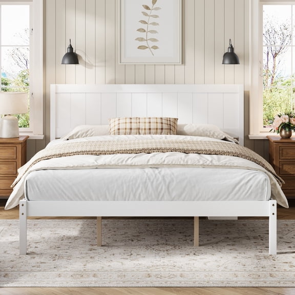 Leumius King Size Platform Bed Frame with Headboard, Wood Slat Support, No Box Spring Needed for Bedroom Guest Room White