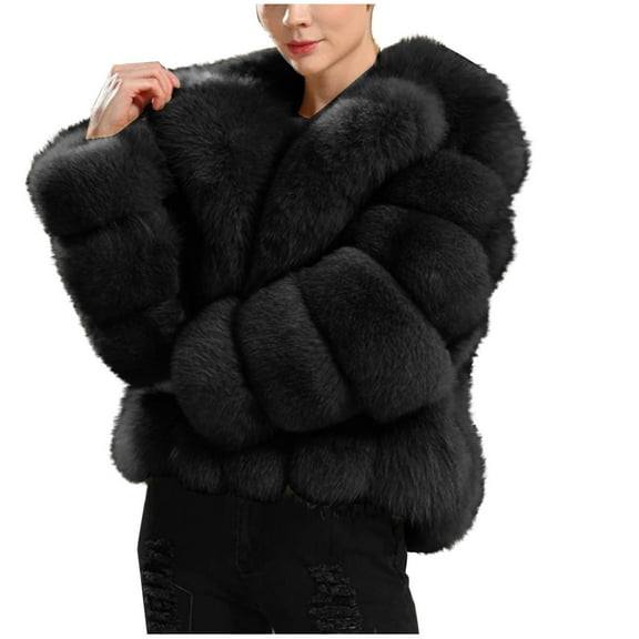 Olyvenn Women's Faux Fur Coat Winter Long Sleeve Cropped Jacket Open Front Fuzzy Fluffy Furry Cardigan Short Coat Outwear Black L
