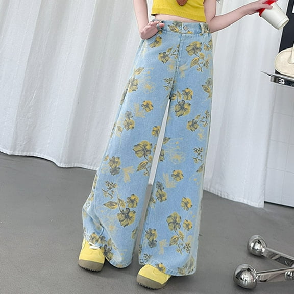 Girls Wide Leg Rhinestone Jeans Kids Baggy Elastic Waisted Denim Pants with Pockets 5-14 Years Y2k Elastic Waist Cute Jeans For Girls 10-12