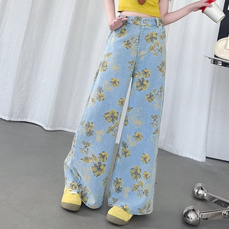 Girls Wide Leg Rhinestone Jeans Kids Baggy Elastic Waisted Denim Pants with Pockets 5-14 Years Y2k Elastic Waist Cute Jeans For Girls 10-12