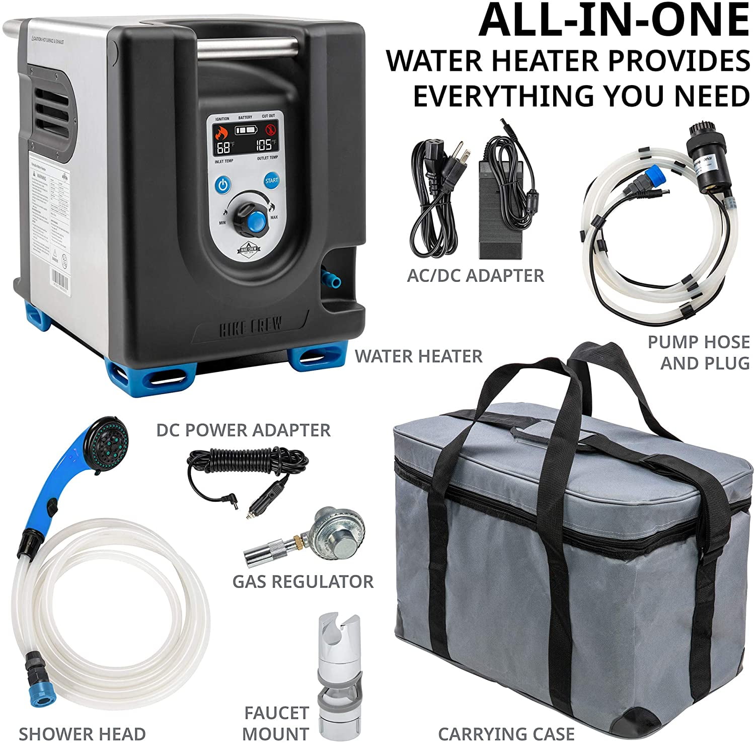 Hike Crew Portable Propane Water Heater & Shower Pump Auto Safety Shutoff & Carry Case Compact Outdoor Cleaning & Showering System w/Built-in Battery LCD Instant Hot Water for Camping & Hiking 