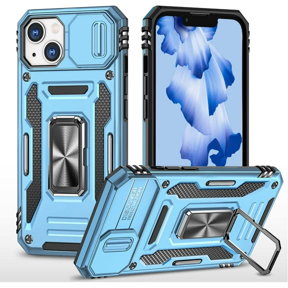 for iPhone 14 Plus Case Apple 14 Plus Kickstand Case with Sliding Lens Cover,Built-in 360°Rotate Ring Stand Magnetic Car Mount Cover Case for iPhone 14 Plus case(Light Blue)