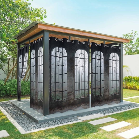 Outdoor Curtains for Patio Waterproof, Window Forest Outdoor Privacy Panels Grommet, Vintage Arched Black Green Blackout Outside Curtains for Porch/Cabana/Pergola/Gazebo 54"x95", 2 Panels