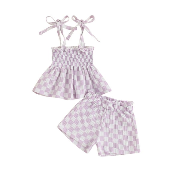 Toddler Baby Girl Summer Clothes Set 6 9 12 18 24 Months 2T 3T Plaid Print Smocked Camisole Elastic Waist Shorts 2 Pcs Outfits