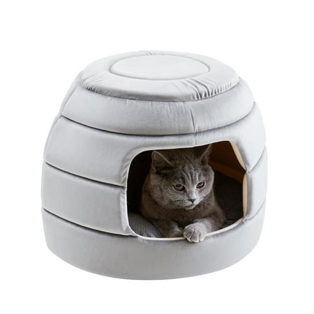 Made4Pets 2-in-1 Foldable Soft Velvet Cat Houses with Washable Cushion for All-Season, Grey