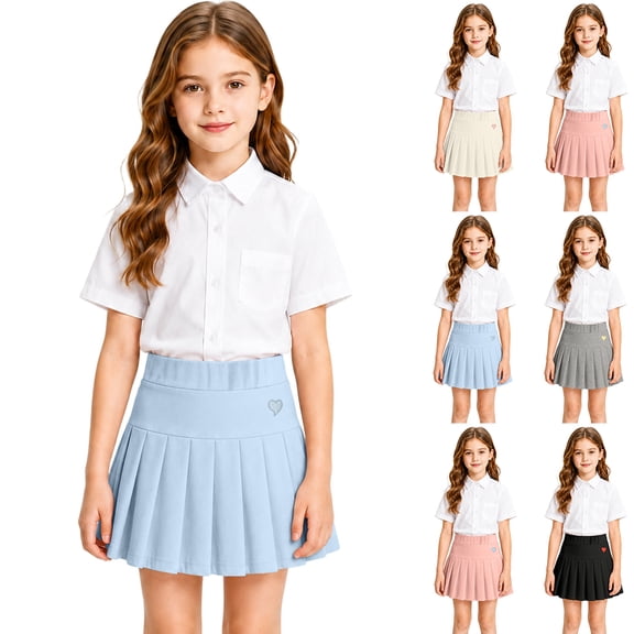 Girls Pleated Skirt High Waist Solid Tennis Skirts with Heart Embroidery School Uniform Skirts