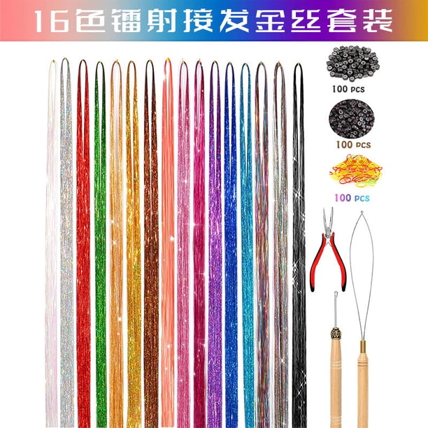 Xiao Hua Kit de extensiones de cabello con purpurina de 48 pulgadas, 16 colores, con herramientas - Accesorios para el cabello de hadas resistentes al calor para mujeres, niñas y niños.