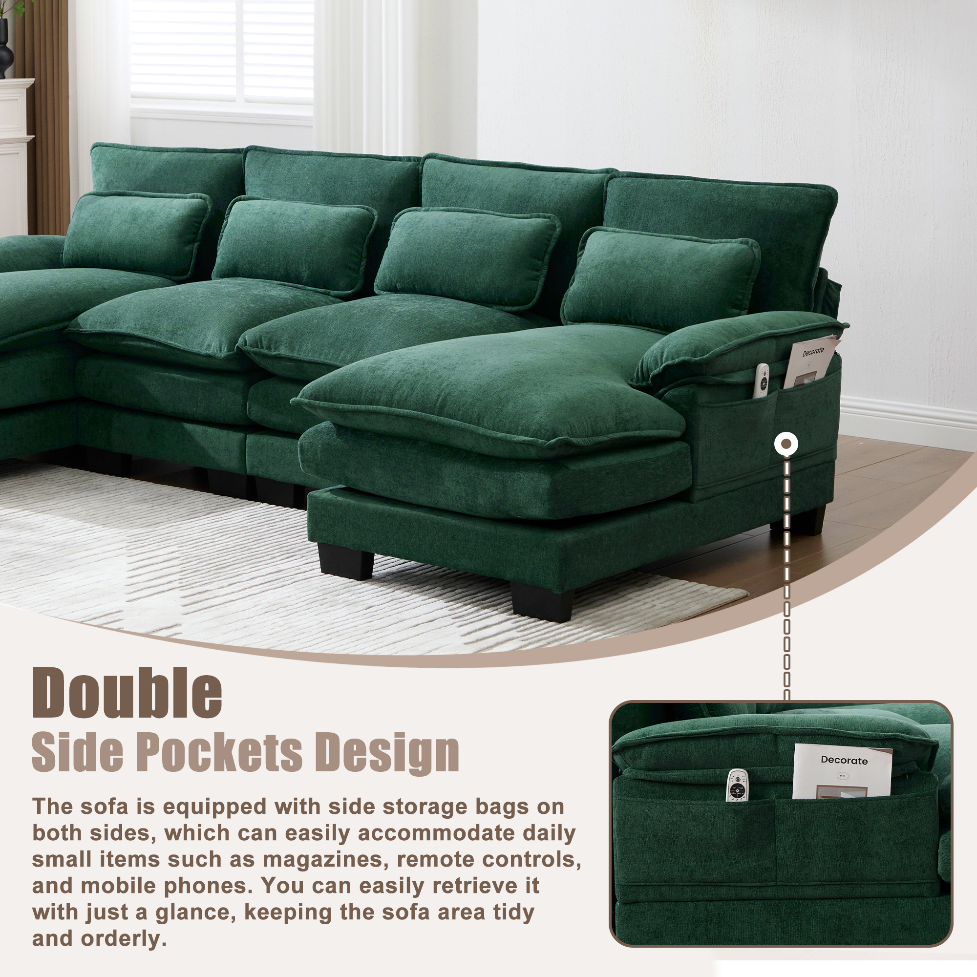 MOONMISS Chenille Upholstered U-Shaped Modular Wood Frame Sleeper Sectional Sofa with Double Chaise-Emerald