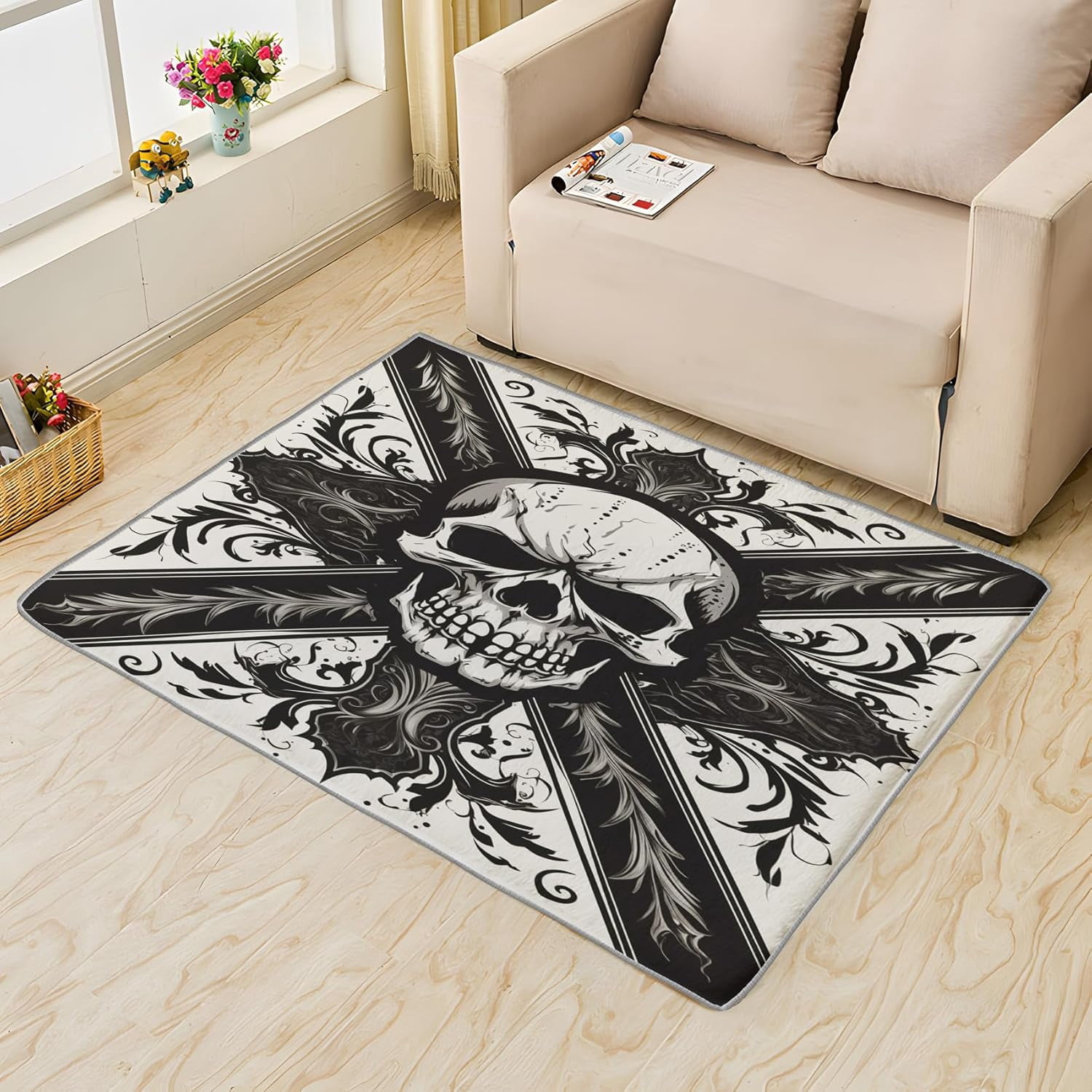 Skull Rug 5x7 Area Rugs for Bedroom Living Room, Black and White