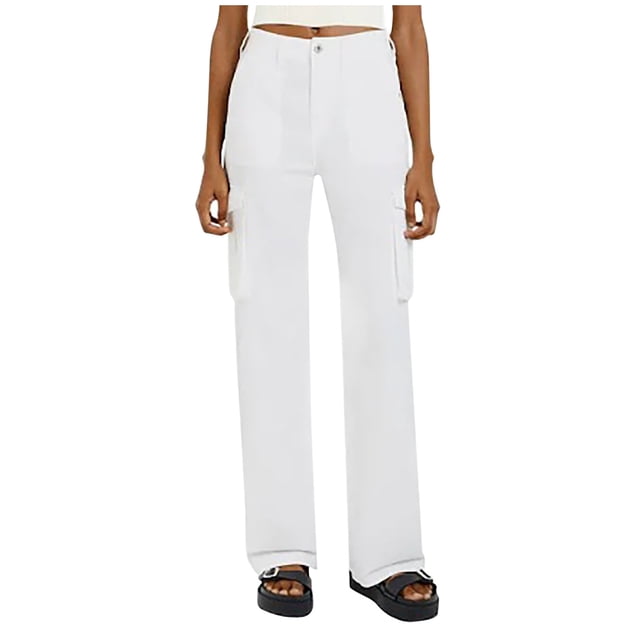 Womens Pants Versatile Solid Color Cargo Pants with Pockets High Waist White Womens Trousers S