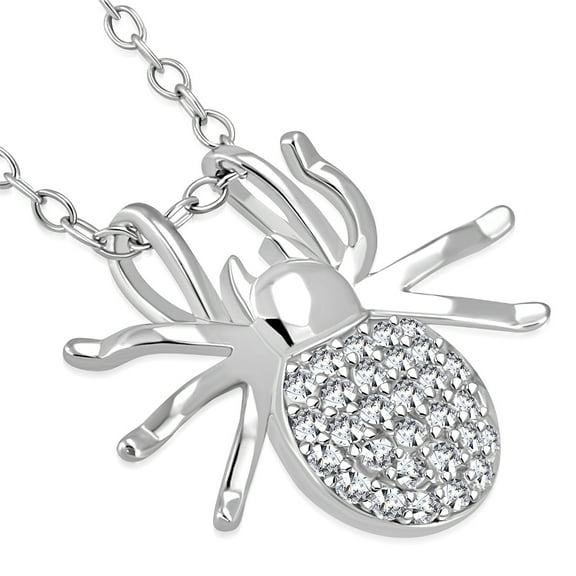 925 Sterling Silver White Clear CZ Small Spider Pendant Necklace, 18"