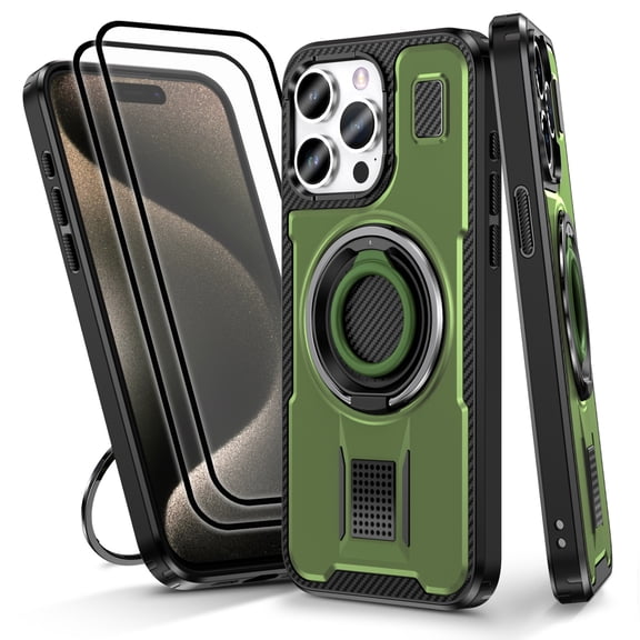 Hotpom for iPhone 15 Pro Max Case with 2 Pack Screen Protector, Double Ring Kickstand, Heavy Duty Shockproof Drop Protection and Rugged Anti-Scratch Phone Cover, Green