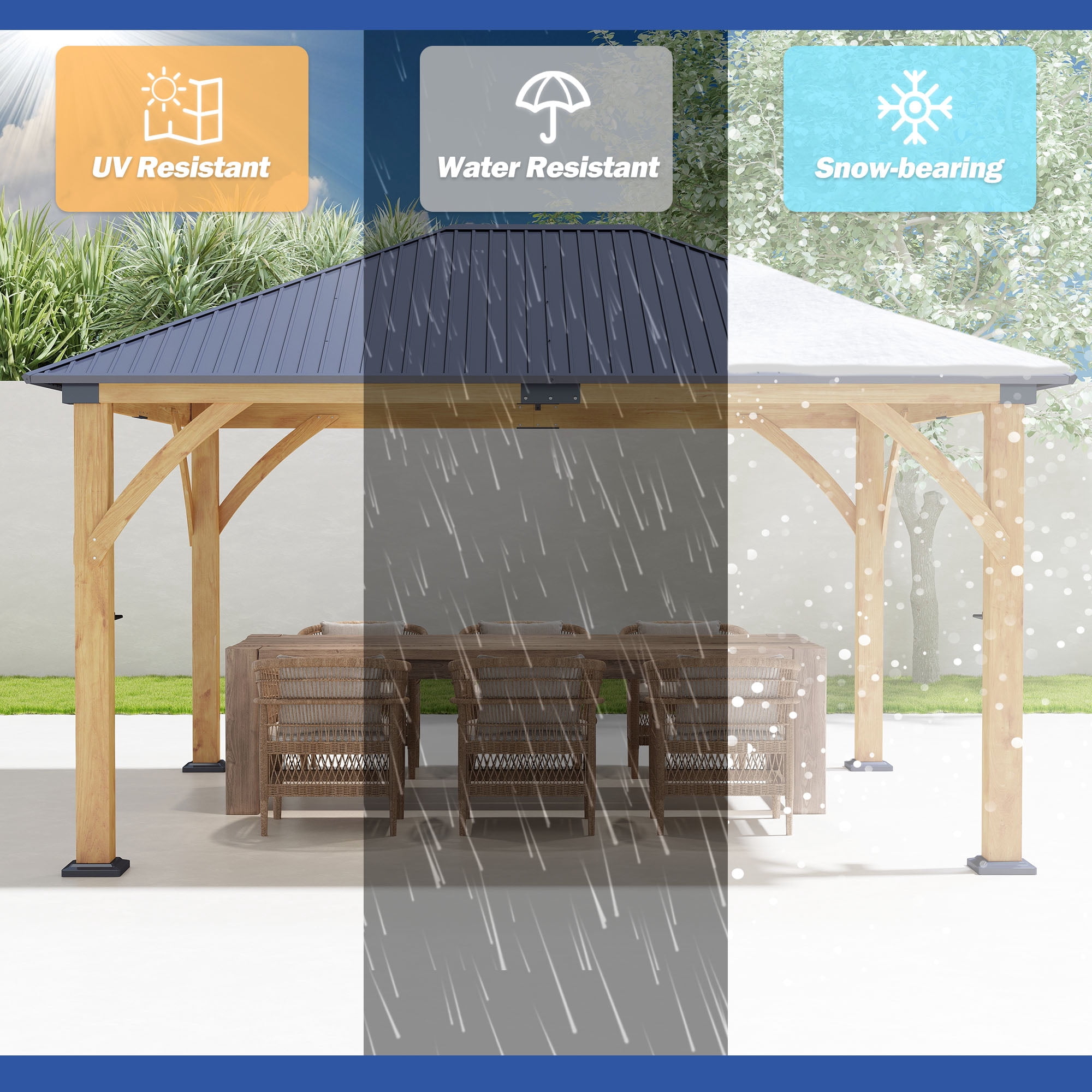 Howsvn 13 ft. x 15 ft Outdoor Hip Roof Spruce Wooden Gazebo, Heavy-duty Hard Top Steel Metal Roof Gazebo Pavilion, Weather Protected Permanent Canopy for Patio, Garden, Backyard