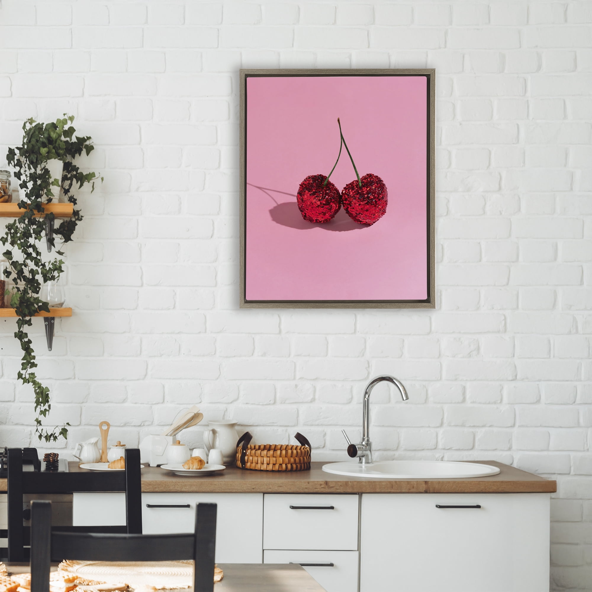 Stupell Industries Glitter Encrusted Cherries Brown Framed Floater Canvas Wall Art, design by LISH Creative