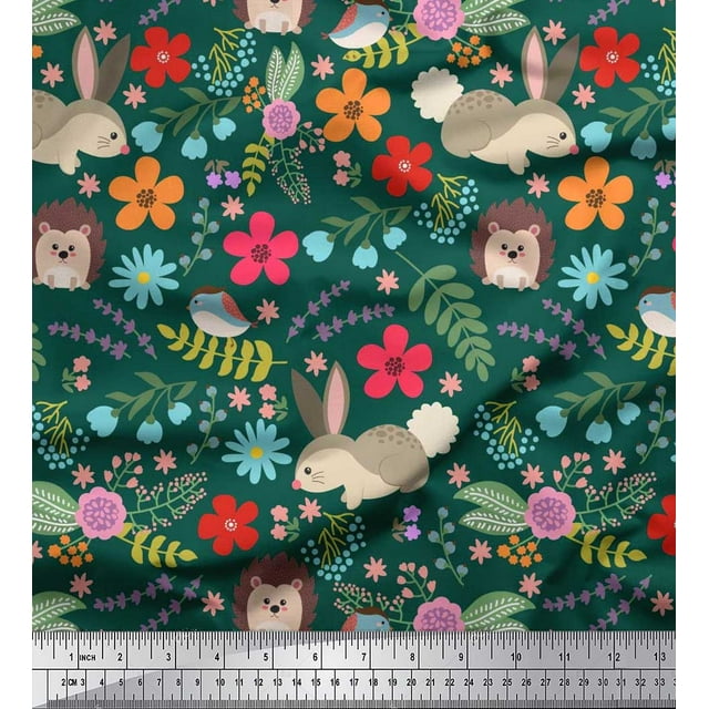 Soimoi Polyester Crepe Fabric Floral,Rabbit & Porcupine Cartoon Print Fabric by The Yard 42 Inch Wide