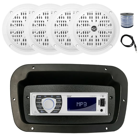 Pyle PLRMR23BTW Single DIN Bluetooth Marine MP3 Stereo Receiver, Spa bezel, Adapter Plate, 22" Radio Antenna, Wire, 4x 4'' 100 Watt Peak Full Range Dual Cone Waterproof Stereo Speakers (White)