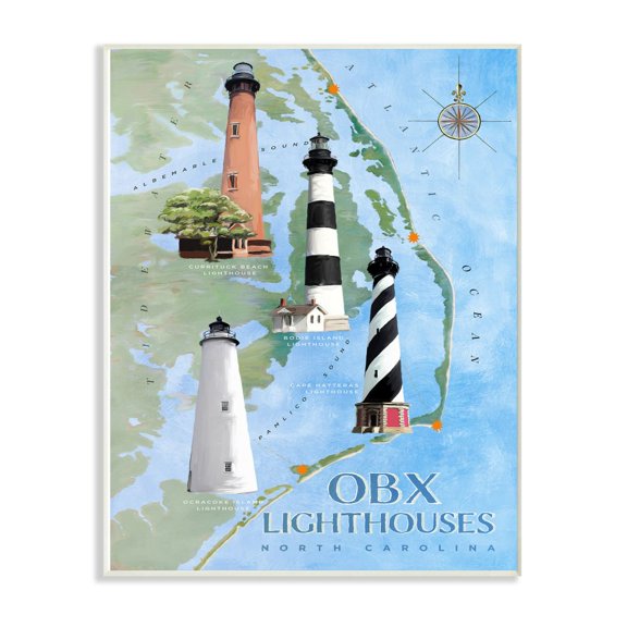 Stupell Industries North Carolina Lighthouses Beach Coast Ocean Map Painting Wall Plaque Art by Art Licensing Studio