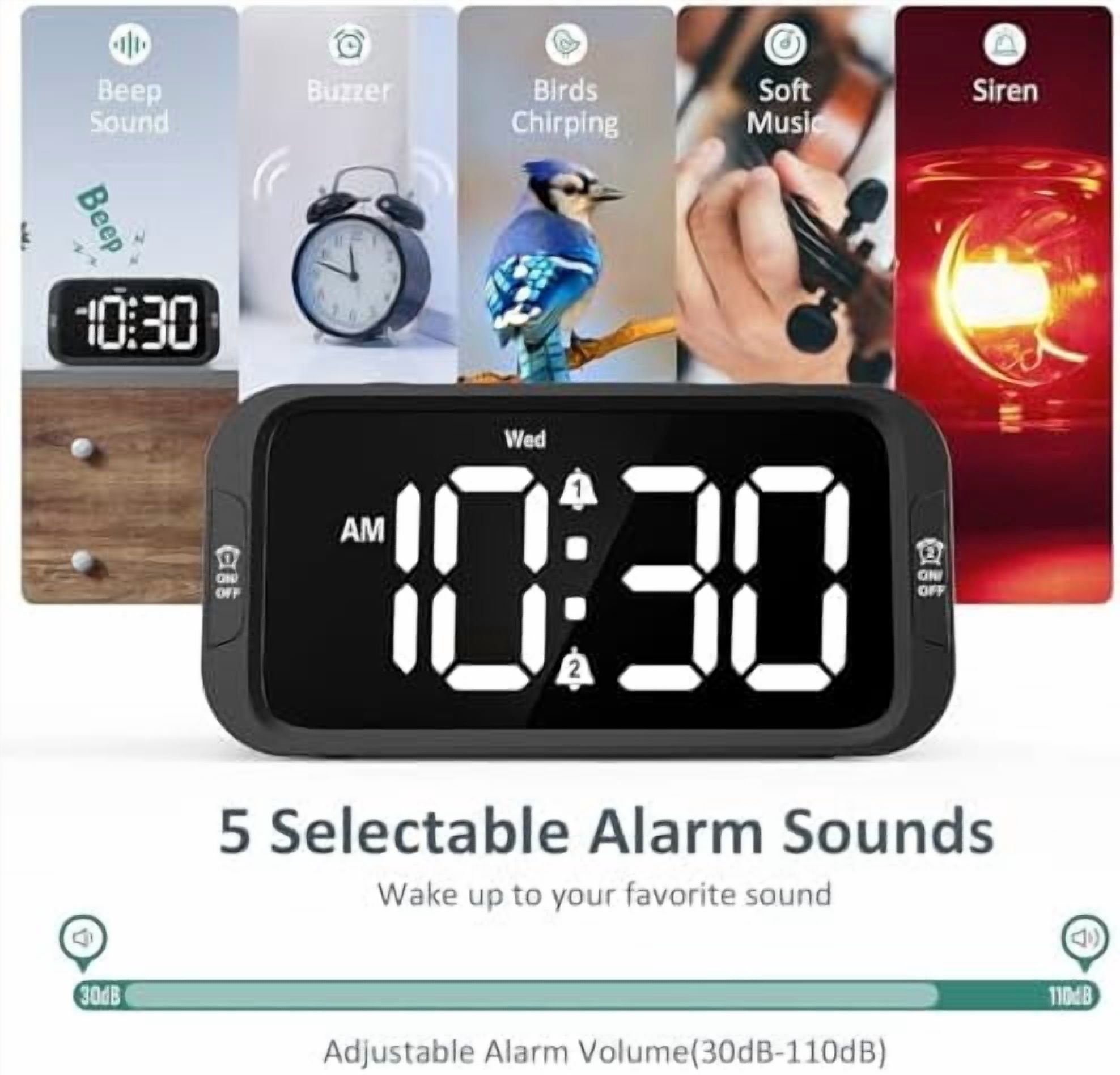 Digital Dual Alarm Clock for Bedroom, Easy to Set, 0-100% Dimmer, USB Charger, 5 Sounds Adjustable Volume, Weekday/Weekend Mode, Snooze, 12/24Hr, Battery Backup, Compact Clock for Bedside