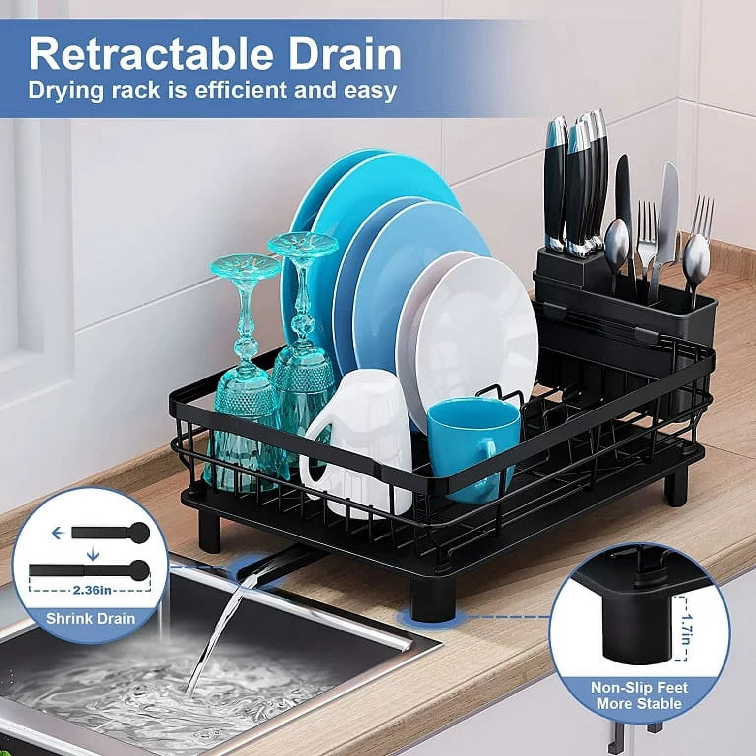 Dish Rack Dish Drainers for Kitchen Counter, Dish Drying Rack Drain Set with Utensil Holder, Drain Board Set with Drainage, Kitchen Dishes Storage and Organizers