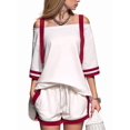 thumbnail image 3 of Women Color Block Off Shoulder Short Sleeve Top and Drawstring Shorts 2 Piece Outfit Set White S, 3 of 9