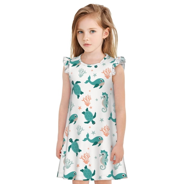 Balery Turtles And Seahorses Camisón de princesa para niñas, pijama de algodón con mangas abullonadas, suave y bonito.-Medium