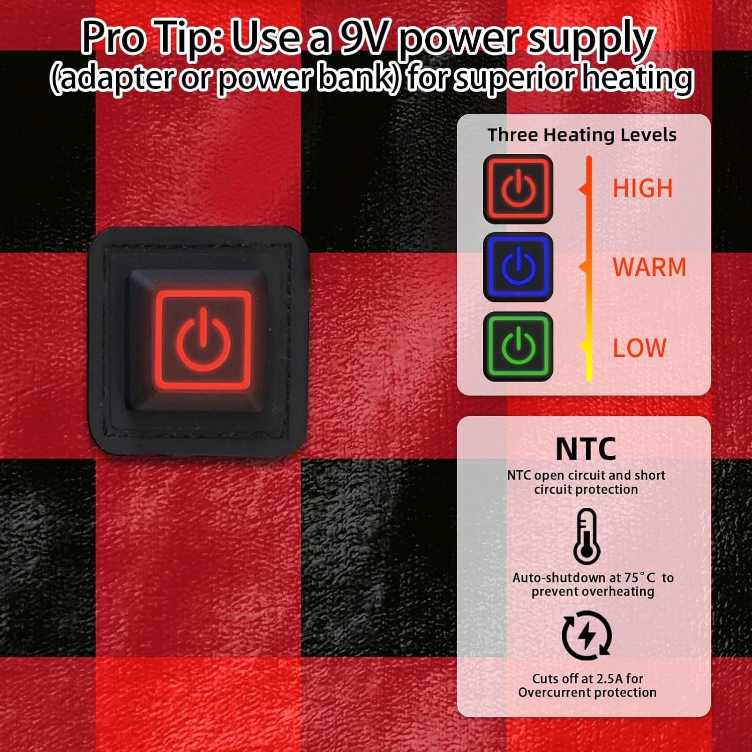 USB Powered Electric Heated Checkered Throw Blanket Portable USB Heating Red and Black Blanket for Women 50" X 60" with 3 Heating Levels