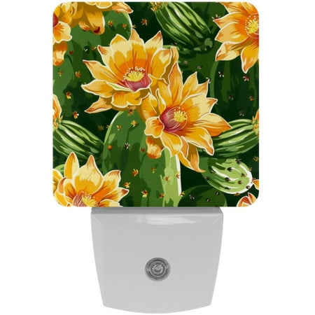 

2-Pin Plug into Wall [2 Pack] Cactus Plant with Yellow Flower Pattern Decorative Night Light with Auto Dusk to Dawn Sensor Square LED 0.5W Plastic Night Light