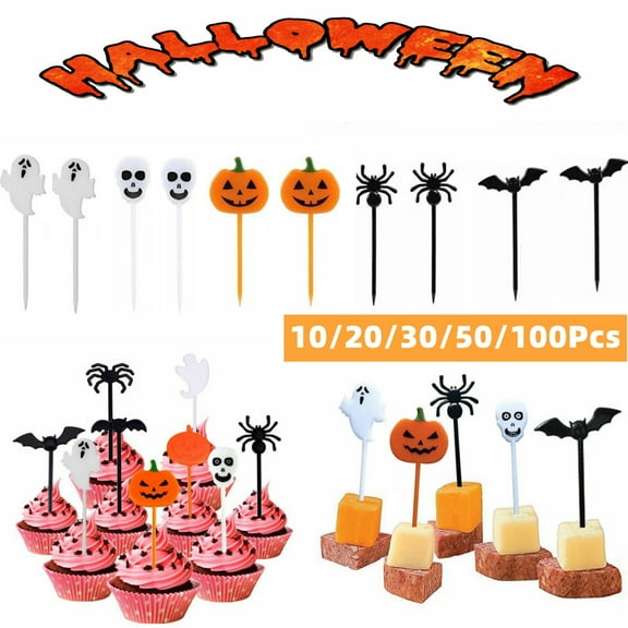 Meidiya 10/20/30/50/100Pcs 5 Styles Halloween Picks Plastic Cake Stick Ghost Pumpkin Bat Decorative Food Pick Cupcake Toppers Toothpicks Halloween Party Decorations