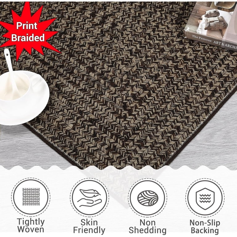 8x10 Machine Washable Area Rug – Print Braided Farmhouse Style, Stain Resistant & Non-Slip – Blue Living Room Rug