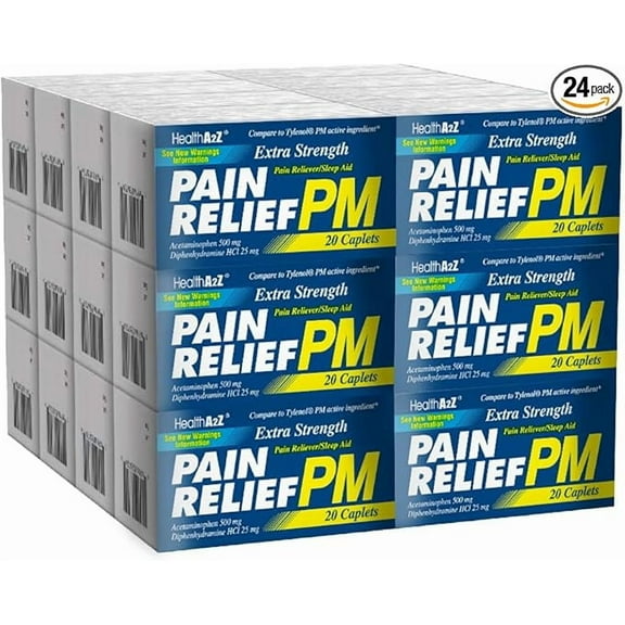 HealthA2Z | Extra Strength Pain Relief PM | 24 Packs of 20 Caplets (480 Caplets Total) | Value Package | Acetaminophen & Diphnenhydramine