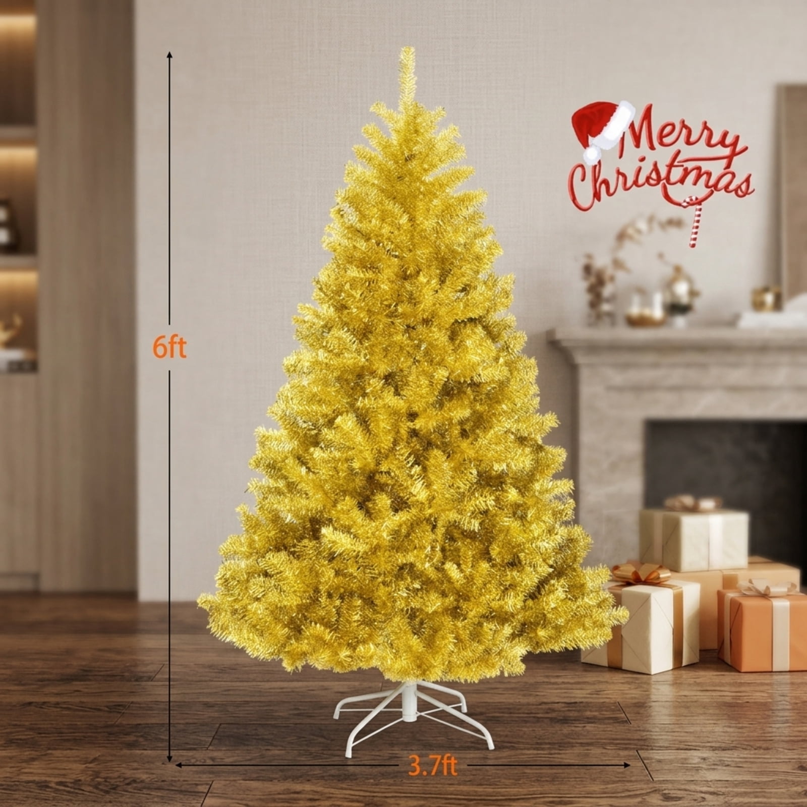 RUIE, 6 ft, Artificial Christmas Tree, with Metal Stand, 1036 Branch Tips, Champagne Gold Holiday Xmas Tree for Indoor Home Office Decoration