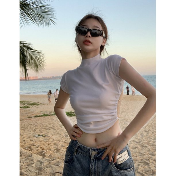 VISgogo Tops cortos de verano para mujer, camiseta de manga corta con cuello de tortuga sin espalda de color sólido con lazo en la cintura VISgogo moda