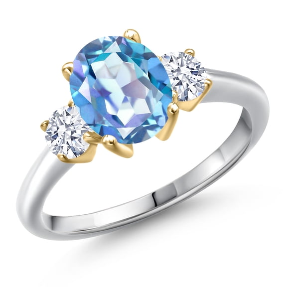 Gem Stone King 10K Two Tone Gold Millennium Blue Mystic Quartz and White Zirconia Engagement Ring for Women | 2.30 Cttw | Oval 9X7MM | Gemstone Birthstone | Size 5