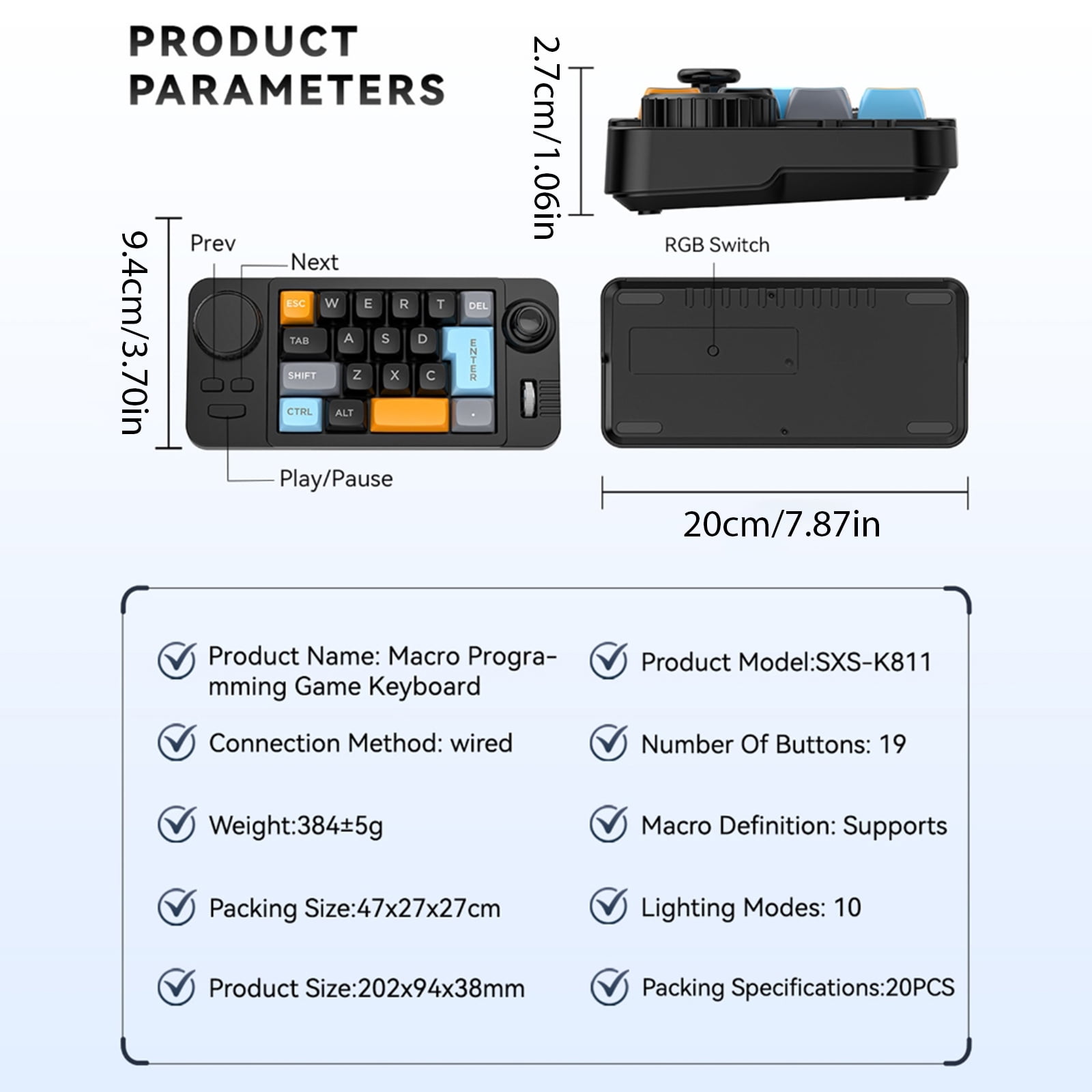 RYUJNDK Color Illuminated 19 Small Gaming Keyboard Customizable Joystick Double Macroed Wheel Hot Swappable Switches
