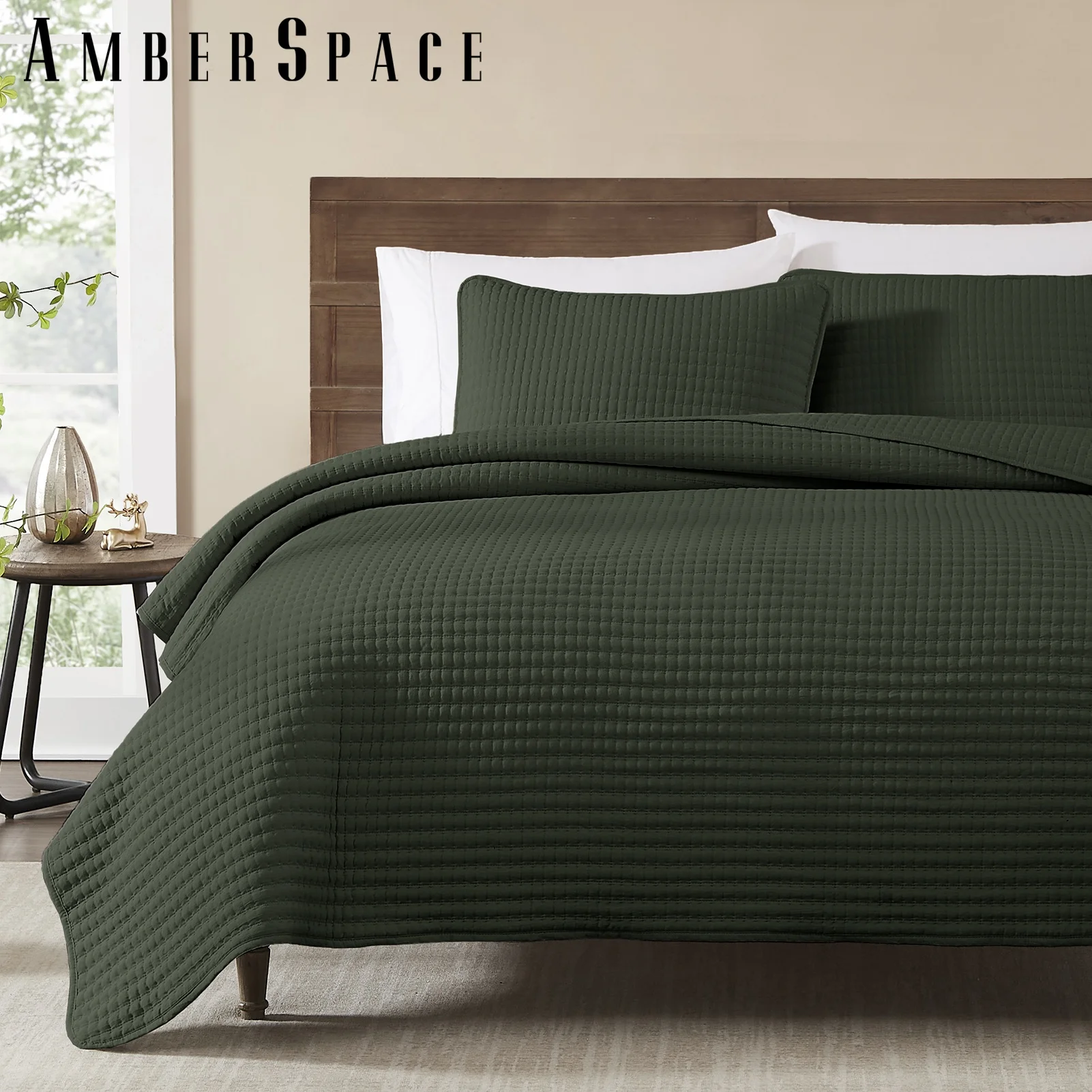 Amberspace Lightweight 3-Piece Bed in a Bag Quilt Set with Pillow Shams,Dark Green,Queen