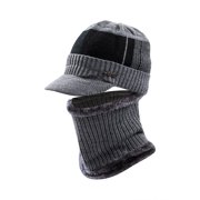Douhoow Men Knitted Scarf Hat Set, Outdoor Winter Warm Thick Fleece Lined Crochet Cap Scarf