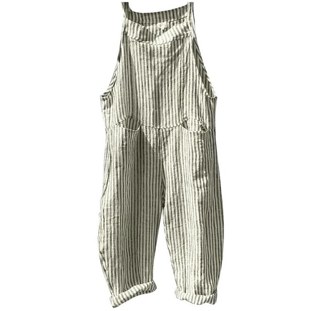 TrendOFT Combinaison d'Été pour Femmes Décontractée Rayée en Lin Coupe Ample Bretelles Réglables Sans Manches Harem Jambes Larges Combinaisons Vert TTG