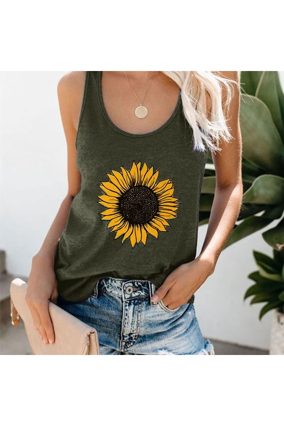 Tank Top for Women Casual Sleeveless Print Round Sunflower T-shirt Neck Plus Size Summer Tanks Camis Basic Shirts Tops Army Green L