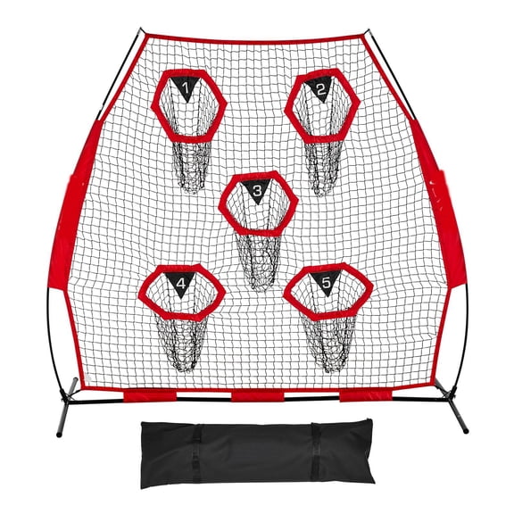 7 x 7 ft Football Trainer Throwing Net, Training Throwing Target Practice Net with 5 Target Pockets, Knotless Net Includes Straps and Portable Carry Case, Improve QB Throwing Accuracy, Red