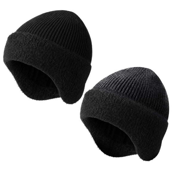 Bocaoying 2-Pack Men's Winter Toboggan Beanie with Ear Flaps, Cozy Fleece-Lined Thermal Trapper Hat for Ear Protection & Outdoor Warmth - Cold Weather Knitted Cap for Family and Partner