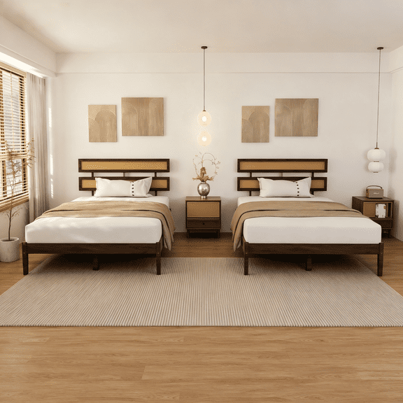 Zimtown Full Set of 2 Bed Frame with Rattan Headboard, Solid Wood Platform Bed Frame with Support Slats, Brown
