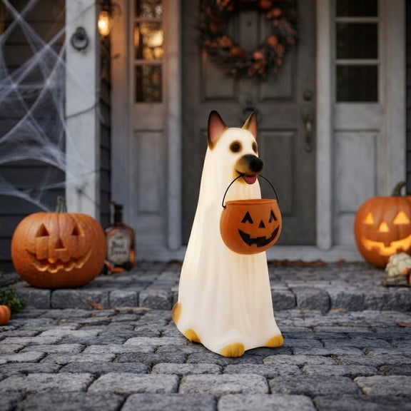 German Shepherd Halloween Ghost Statue, 9.8" LED Light Up Resin Puppy Figurine with Pumpkin Bucket Trick or Treat Indoor Outdoor Holiday Home Decor Ornament
