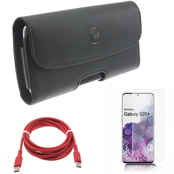 Case Belt Clip w Screen Protector w Red 6ft Long Cable for Samsung Galaxy S20 Plus - Leather Holster Cover, Tempered Glass [Fingerprint Unlock] 3D Curved Edge, USB-C to Type-C PD fits Galaxy S20 Plus