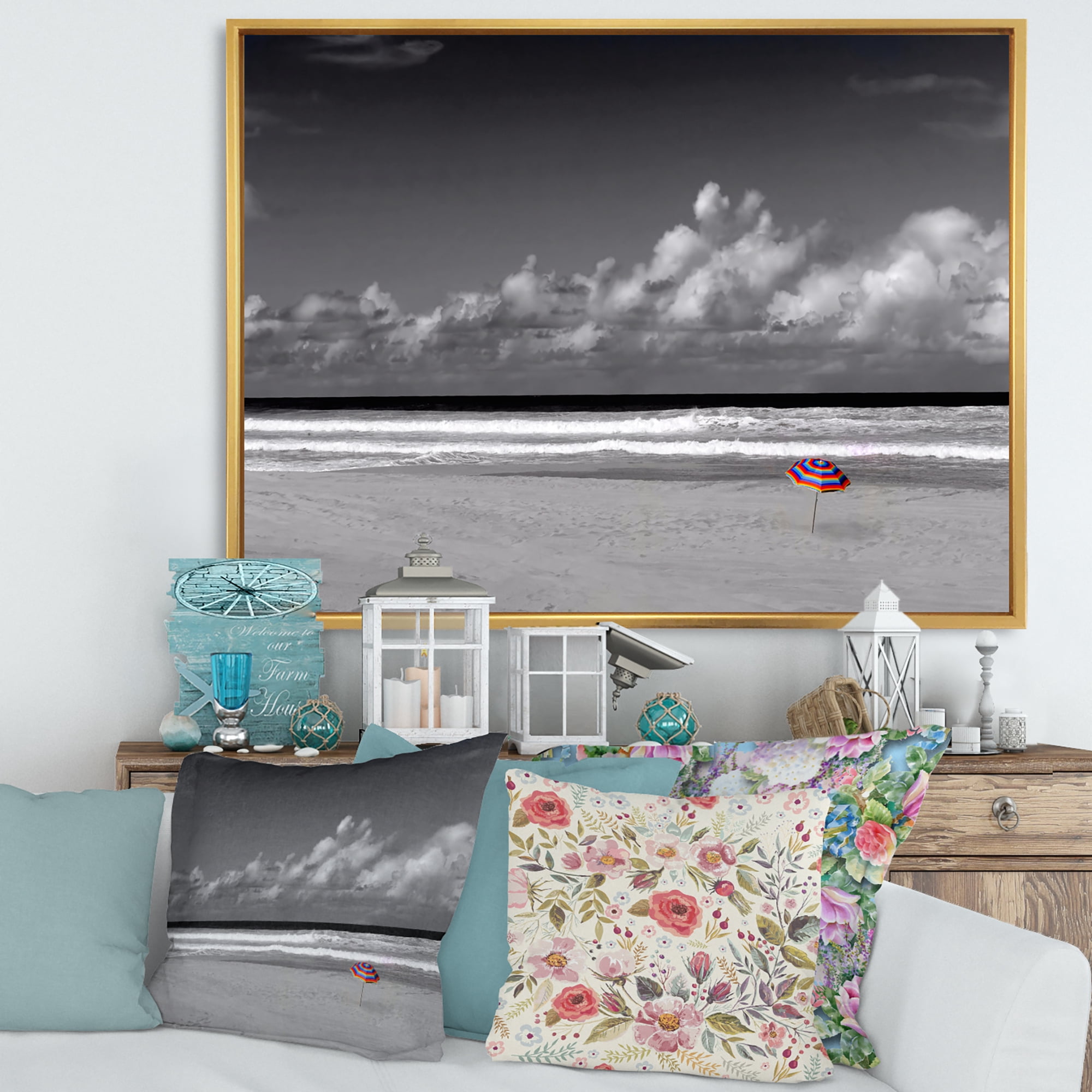 Designart 'Black and White Coastline Under Cloudy Sky' Lake House Framed Canvas Wall Art Print