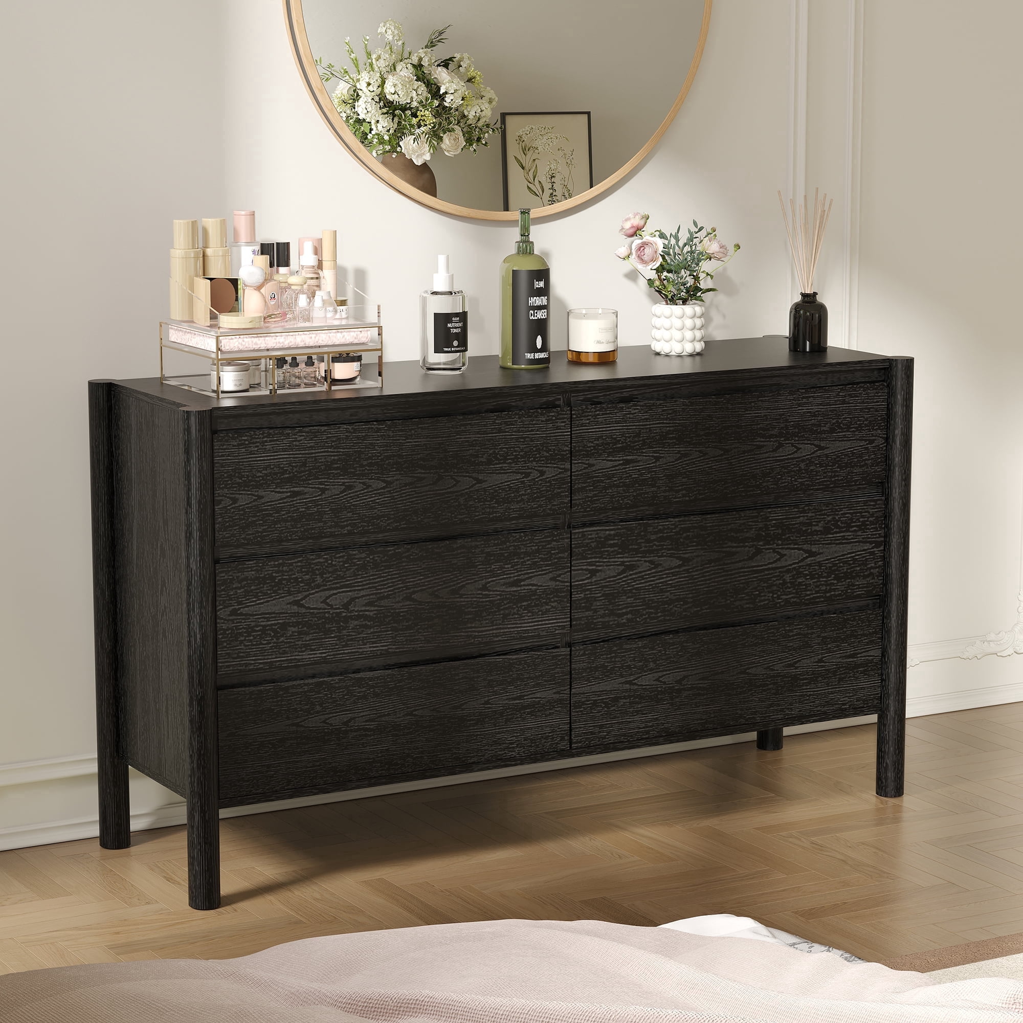 HOUROM Dresser for Bedroom,6-Drawers,47" Wide Farmhouse Large Dressers & Chest,4 Solid Wood Legs,TV Stand, Storage Organizer Furniture for Bedroom(Black)