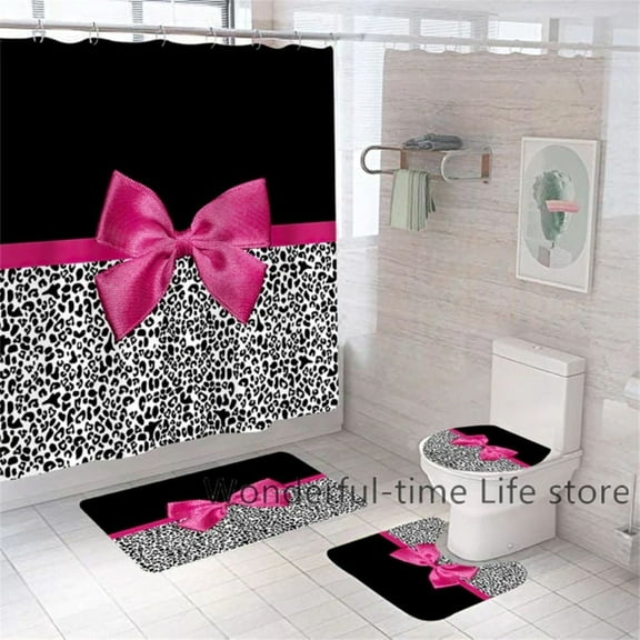 Heavenly Designs Watson Bathroom Accessories - Pink and Black Leopard Print High Quality Polyester Shower Curtain Set - Any Age
