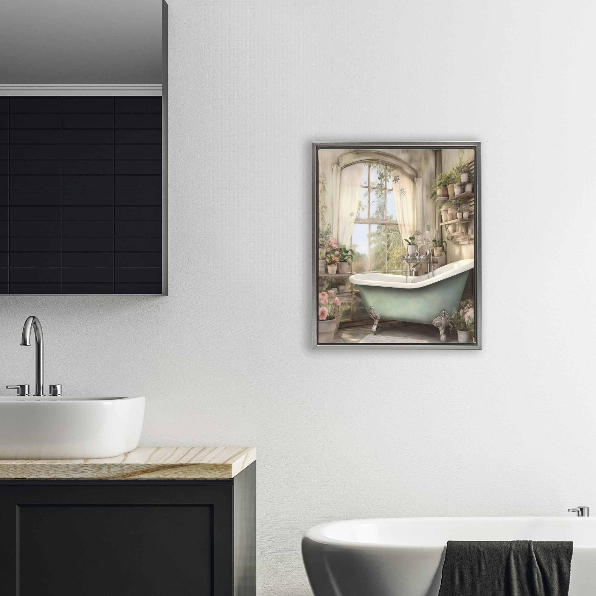 Bathroom with Floral Filled Shelves Gray Framed Floater Canvas Wall Art, design by Lettered and Lined