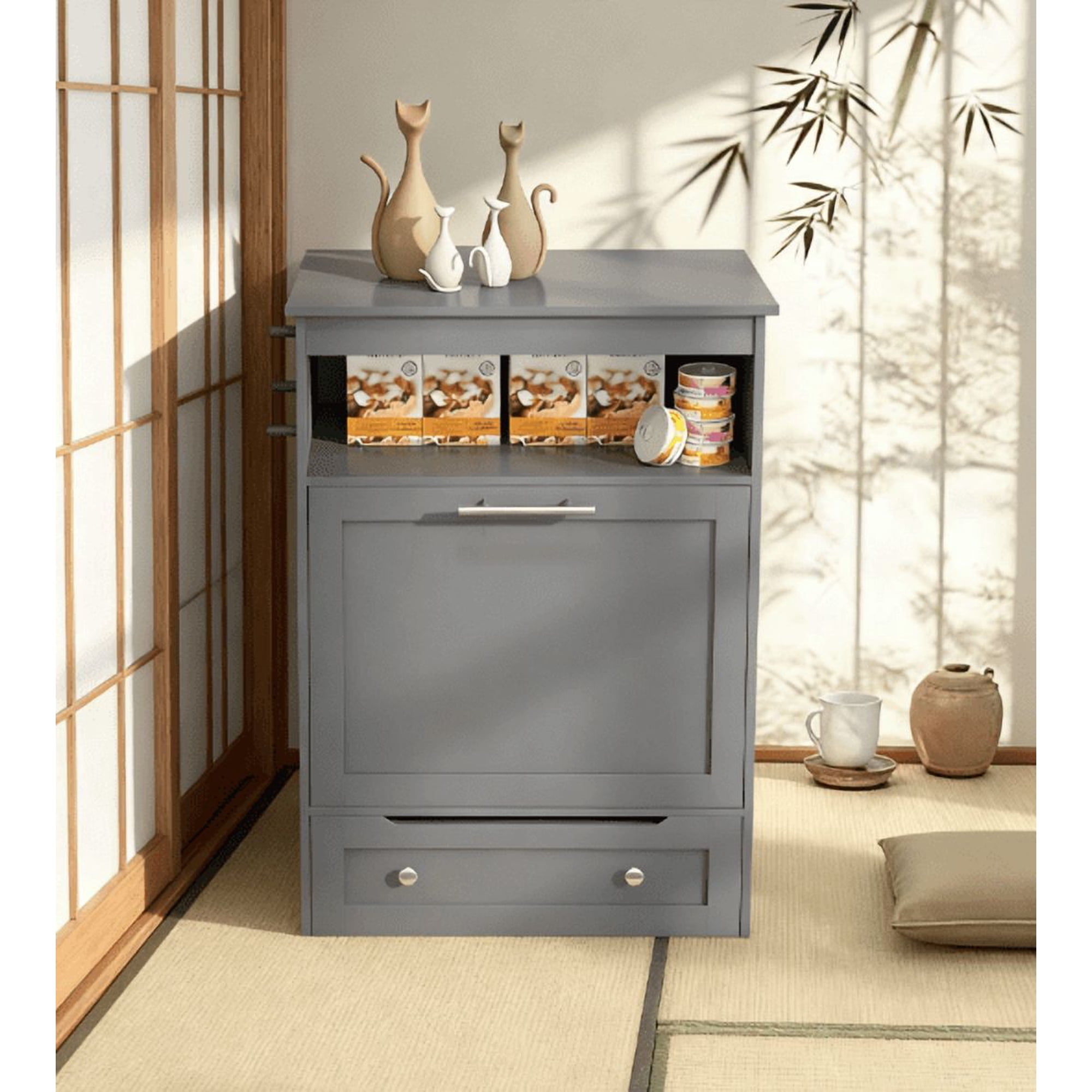 MMGW Pet Feeder Station with Storage Cabinet and Raised Bowls Gray