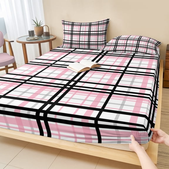 Full Size Fitted Sheet Set - Pink Black Plaid 3 Piece Bedding Sets 16" Deep Pocket Fitted Sheet with 2 Pillowcases Farmhouse Pink Black Checkered Brushed Microfiber Hotel Luxury Bed Sheets