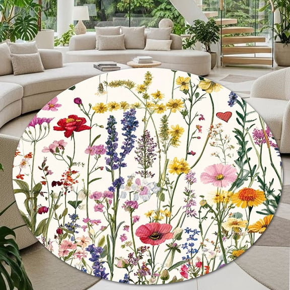 Round Area Rug, Wildflower Non-Slip Floor Mat, Soft Washable Carpet for Living Room Bedroom Decor 24 Inch